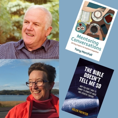 Tony Horsfall and Helen Paynter and books covers of Mentoring Conversations and The Bible Doesn't Tell Me So