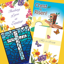 four Easter cards: Thinking of you at Easter | Christ is Risen | He is Risen | (mosaic cross image)